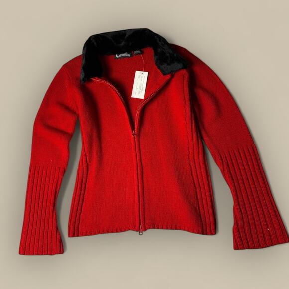 VTG Y2K Zip Up Red Cardigan Black Faux Fur Collar Womens Small Christmas Sweater - Picture 1 of 3